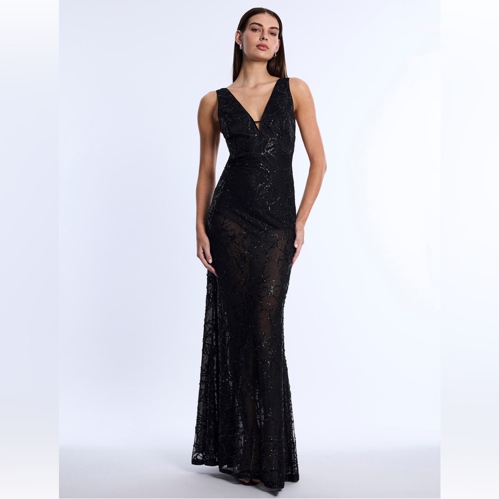 BCBGMaxAzria Black Beaded V-Neck Maxi Gown